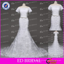 Real Sample Mermaid Scalloped Short Sleeve Lace Appliqued Wedding Gowns 2015